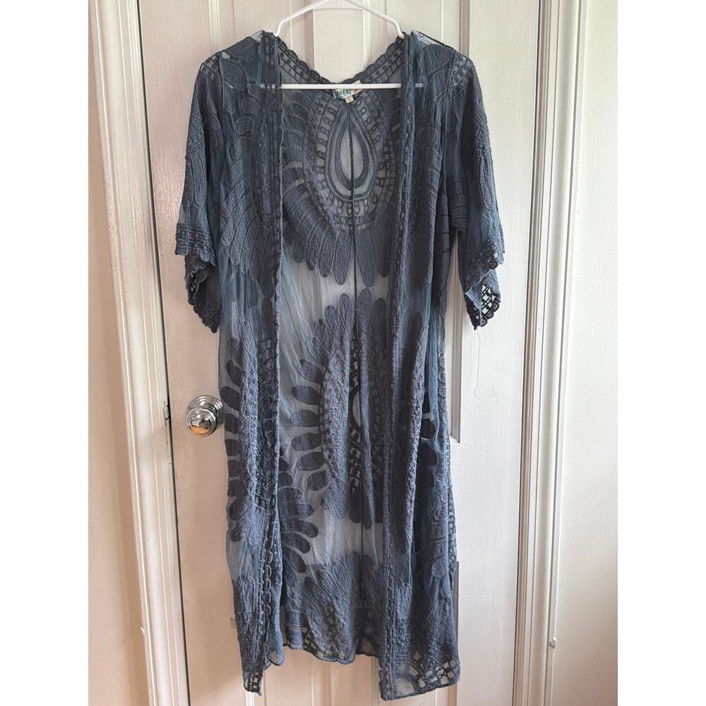 Rebellion Again Blue Lace Short Sleeve Cardigan Kimono Jacket Large